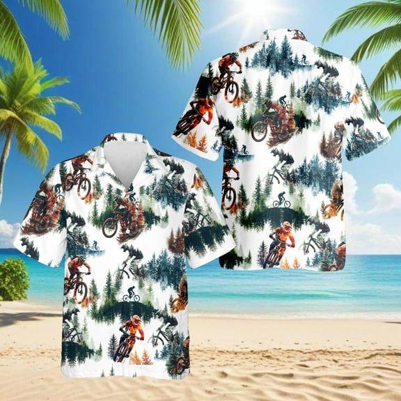 Mountain Biking Hawaiian Shirt for Men, Tropical Style, Button Down Summer Beach Short Sleeve, S-5XL
