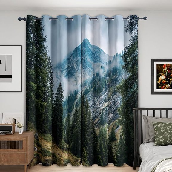 Mountain Blackout Curtains, Forest Nature Scenery Curtains, Mountain Window Curtain for Bedroom Living Room, Thermal Insulated Grommet Drapes 53"W x 96"L (Pack of 2)