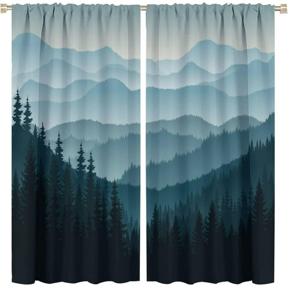 Mountain Blackout Curtains Misty Forest Nature Woodland Scenery Landscape Art Print for Living Room Bedroom Kitchen Decor Rod Pocket Window Drapes 2 Panels 42x54in