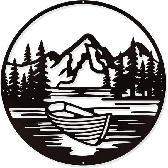 Mountain Boat Metal Wall Art Decor Black Wall Hanging Decor Silhouette Wall Art for Home Bedroom Living Room Bathroom Kitchen Office Hotel Wall Decoration 11.8"x11.8"