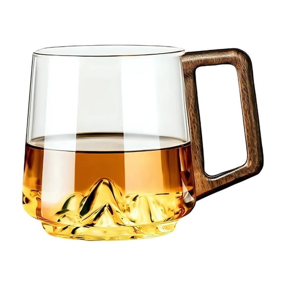 Mountain Bottom Glass Mug with Wooden Handle 450ml High Borosilicate Glass Cup for Coffee & Tea, Unique 3D Carved Design