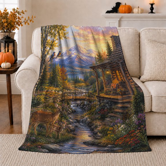 Mountain Cabin by Creek with Deer, Peaceful Rustic Style for Nature Lovers, Golden Woodland Trail and Housewarming Gift, Warm Flannel Blanket for Cabin and Guest Room, Home Decor