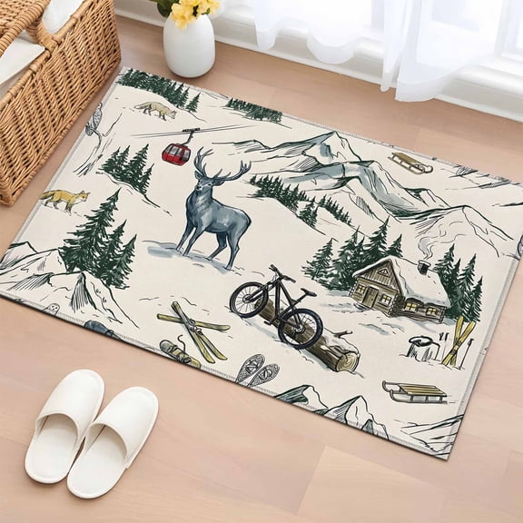 Mountain Cabin Entryway Rug 2'x3' Winter Green Pine Tree Wooden House Cabin Small Area Rug Non-Slip Front Door Mat Washable Floor Carpet for Indoor Entrance Kitchen Bathroom