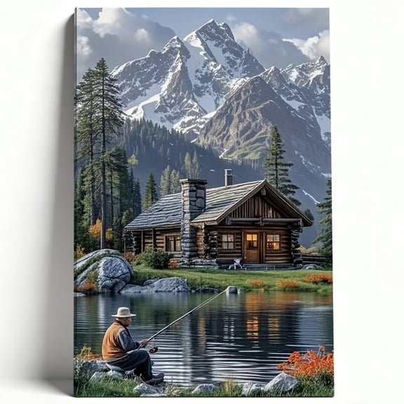 Mountain Cabin Fishing Canvas Wall Art Cabin Landscape Poster Lake Nature Painting Living Room Bedroom Decor Print Ready to Hang 8*12
