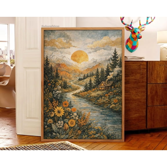 Mountain Cabin Golden Hour River Landscape Rustic Lodge Nature Decor Wall Art Unframed Paper Print