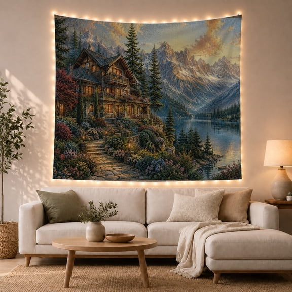 Mountain Cabin by a Lake with Alpine Forest in Evening Light, Serene Rustic for Nature Lovers, Scenic Landscape Artwork, Housewarming Gift, Tapestry Wall Hanging for Living Room and Bedroom