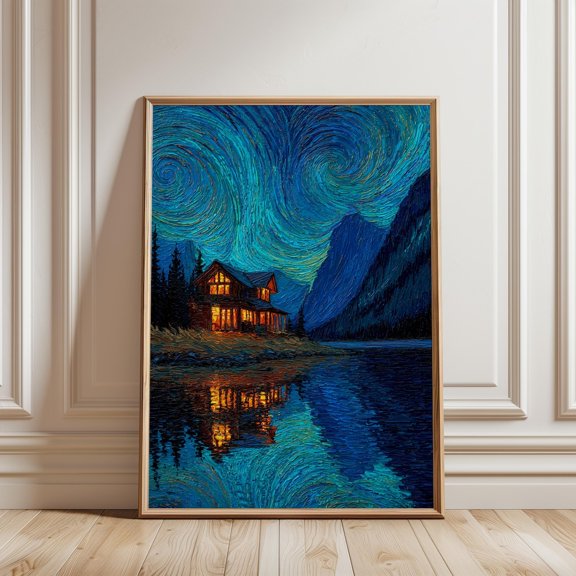 Mountain Cabin Starry Night Lakeside Art Print Rustic Cozy Landscape Wall Decor, Unframed Paper Print