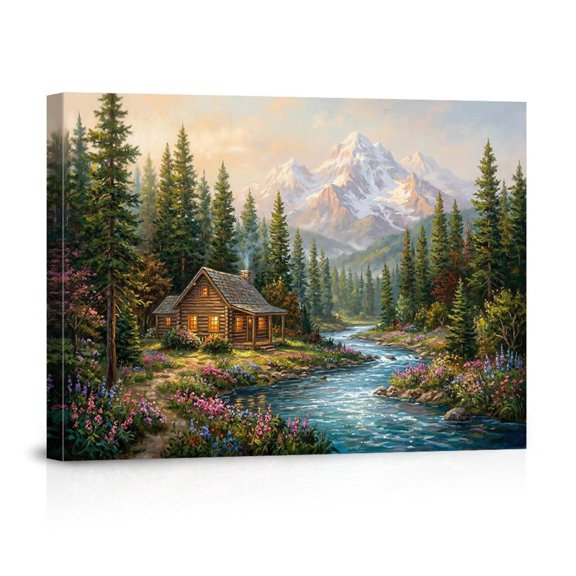 Mountain Cabin Stream Wildflowers Rustic Forest Landscape For Home Living Room Canvas