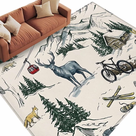 Mountain Cabin Washable Living Room Rugs 9'x12', Winter Green Pine Tree Wooden House Cabin Low Pile Throw Large Area Rug Non-Slip Sturdy Edge Binding Carpet for Bedroom Dining Room Office