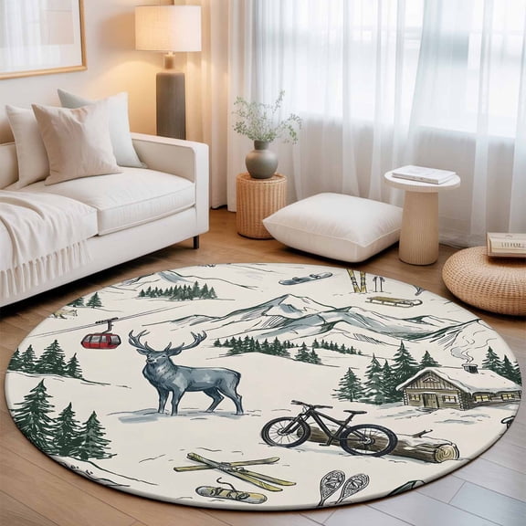 Mountain Cabin Washable Round Area Rug 3 ft, Winter Green Pine Tree Wooden House Cabin Soft Non Slip Rugs Stain Repellent Indoor Felt Carpet for Living Dining Room Bedroom Home Office