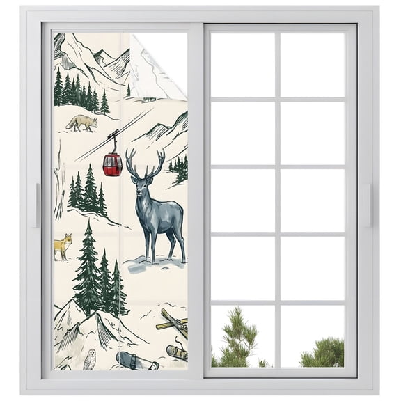 Mountain Cabin Window Privacy Film, Winter Green Pine Tree Wooden House Cabin Frosted Glass Window Clings Static Cling UV Heat Blocking Reusable Door Sticker for Bathroom 23.6 x 59 Inch