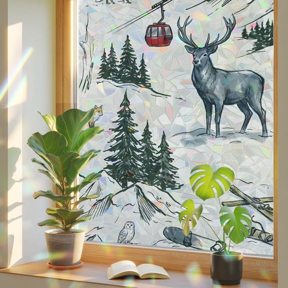 Mountain Cabin Window Privacy Film, Winter Green Pine Tree Wooden House Cabin Stained Glass Rainbow Film Decorative Window Clings, Static Cling Sun Blocking Stickers 17.7" x 39.3"