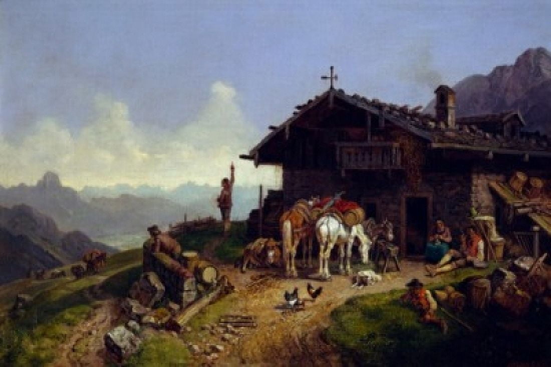 Mountain Cabin by Heinrich Burkel painted image (1802-1869) Canvas Art - Heinrich Burkel (24 x 36)