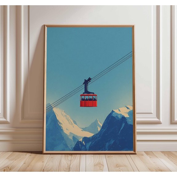Mountain Cable Car Landscape Art Poster, Minimal Alpine Travel Illustration Wall Decor, Size 24x36, Unframed Poster
