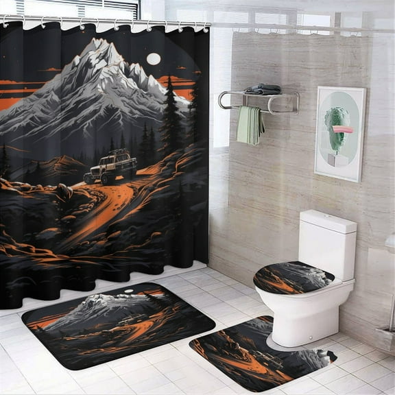 The Mountain Is Calling 4 Pcs Shower Curtain Set with Rug Bathroom Sets with Waterproof Fabric And Non-Slip Rugs Toilet Lid Cover Bath Mat Decor with Hooks