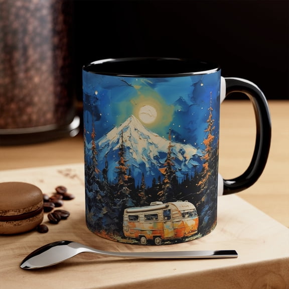 Mountain Camper Mug: Snowy Forest RV Camping Scene