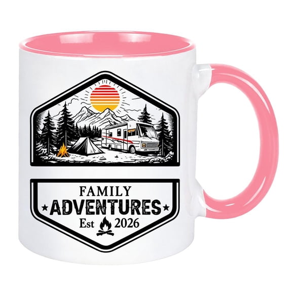 Mountain Camping Mug, Retro RV Camper Van Badge Design Ceramic Coffee Cup with Pine Forest Mountain Sunset Art, Family Adventure Gift for Outdoor Travel Enthusiasts, Unique Camper Gifts for Men Women