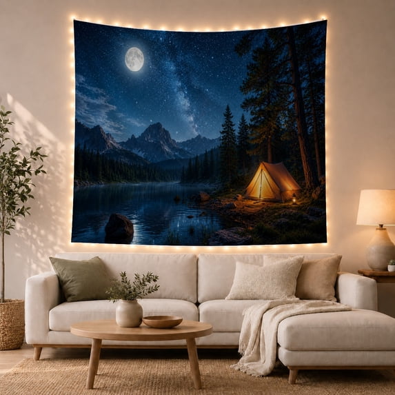 Mountain Camping Under Starry Night Sky, Peaceful Celestial Style for Nature Lovers Nature-Inspired Decor, Housewarming Gift Tapestry Wall Hanging for Bedroom, Living Room and Dorm