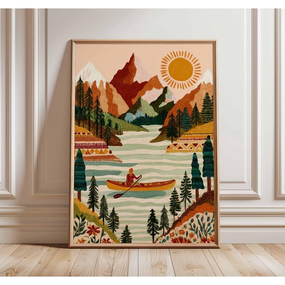 Mountain Canoe Colorful Nature Boho Adventure River Sun Landscape Unframed Paper Print
