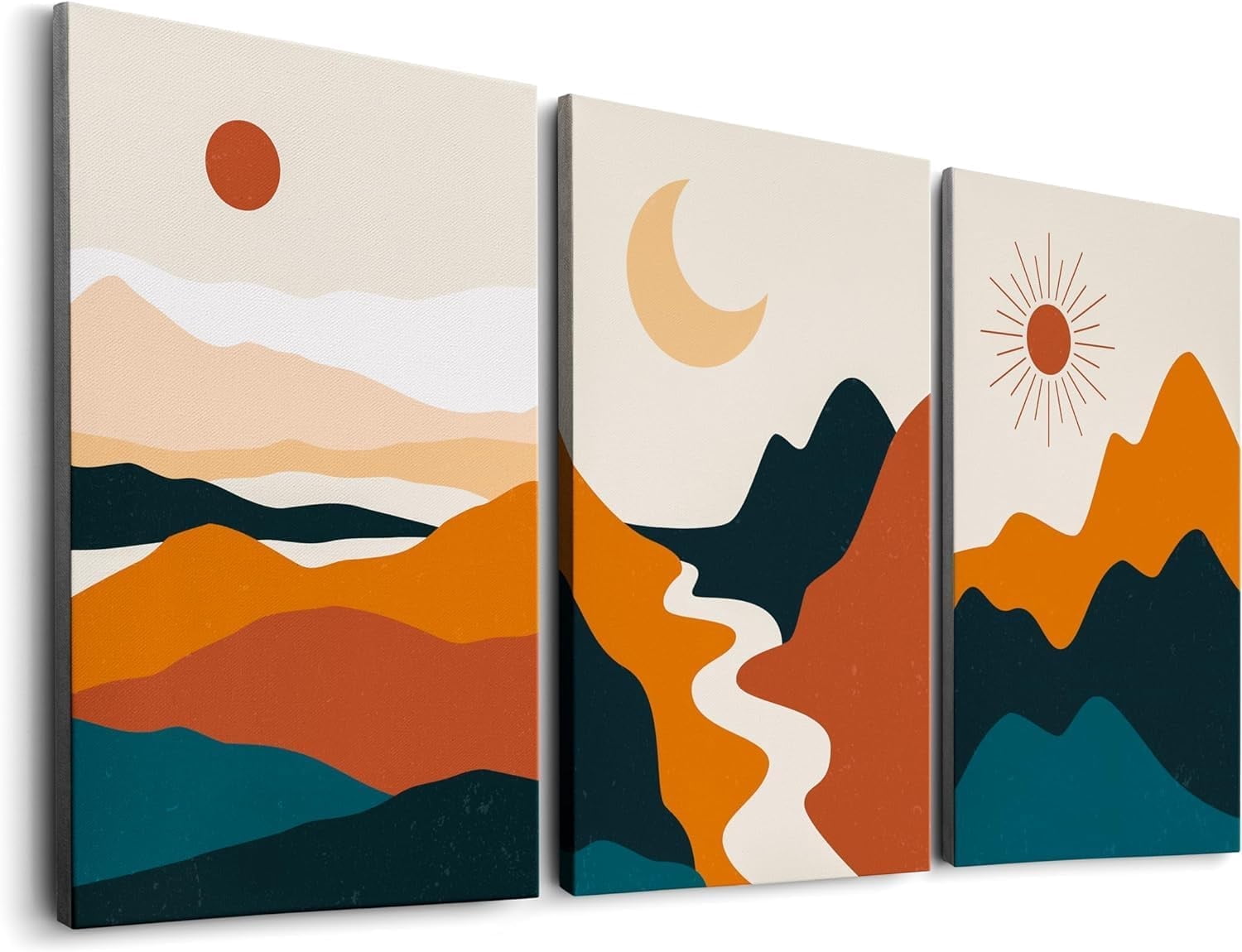 Mountain Canvas Boho Wall Art Nature Abstract Wall Decor Modern Mid Century Landscape Artwork Sun And Moon Prints Pictures for Office Living Room Bedroom Set of 3 Pieces - 12'''' x 16''''