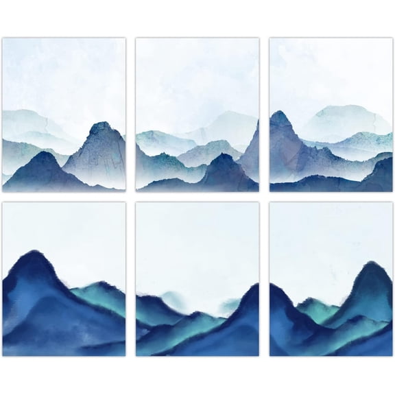 Mountain Canvas Prints Blue Ink Wash Mountain View Abstract Wall Art Paintings 6PCS for Living Room Apartment Dorm Decorations Colorful DIY