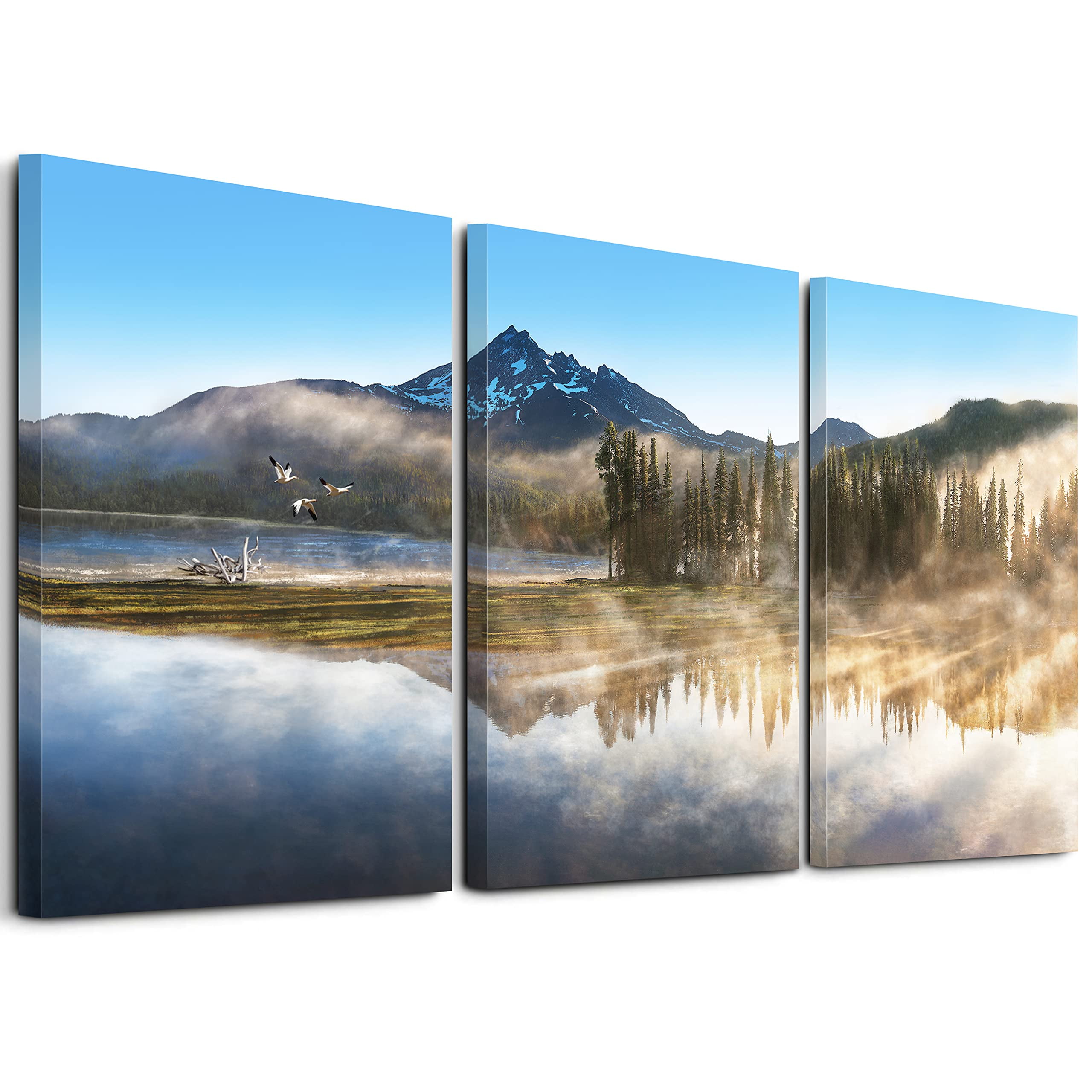 Mountain Canvas Wall Art For Living Room Paintings For Bedroom Wall Art Forest Landscape Art Large Picture Home Nature Wall Decor 3 Piece Wall Art Framed Ready to Hang Artwork, 12x16 inch x3 panels