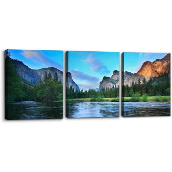 Mountain Canvas Wall Art Panorama of Yosemite Valley Pictures Painting National Park Modern Artwork Lake Nature Landscape Framed Wall Art for Living Room Bedroom Office Wall Decor - 12"x16"x3