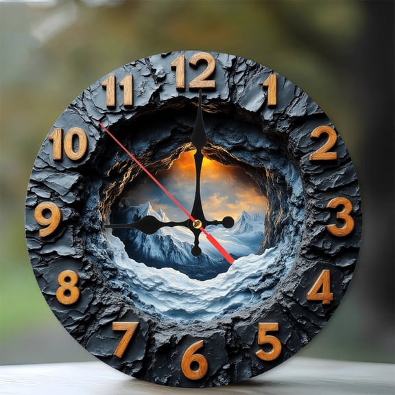 Mountain Cave Landscape Wall Clock 10-Inch Silent Wooden Wall Clock, Battery Operated (AA Batteries Not Included), Artistic Home Decor