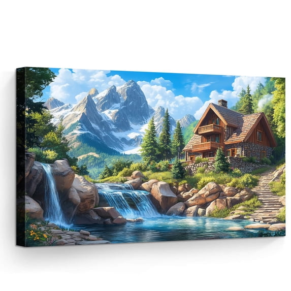 Rustic Stone Waterfall Mountain Chalet Canvas Wall Art, Rustic Stone and Wood House by ...