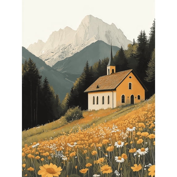 Mountain Chapel Flower Field Canvas Print/Wall Art, Suitable for Living Room, Hallway, and Farmhouse Decor