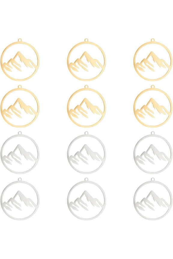 Mountain Charms Flat Round with Mountain Dangle Pendants Stainless Steel Pendants Hypoallergenic Hollow Charms for Outdoor Lovers Hikers Skiers Climbers Golden & Stainless Steel Color