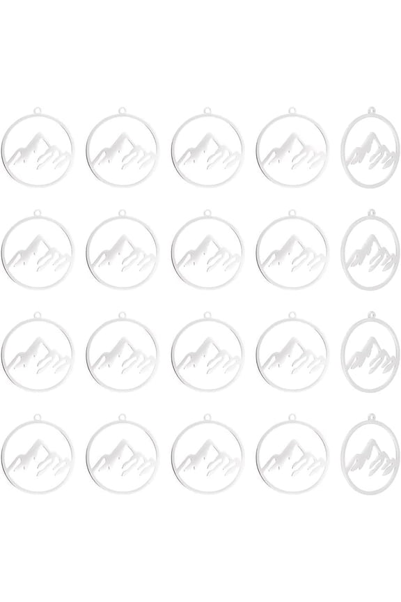 Mountain Charms Flat Round with Mountain Dangle Pendants Stainless Steel Pendants Hypoallergenic Hollow Charms for Outdoor Lovers Hikers Skiers Climbers Silver for diy making