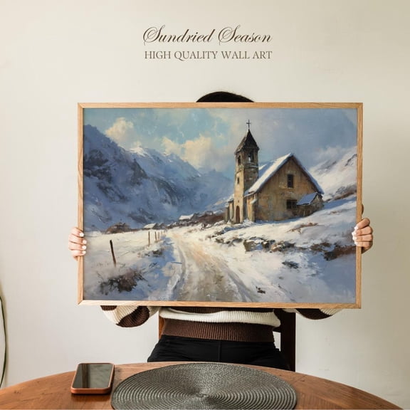 Mountain Church Winter Landscape Art Snowy Chapel Cozy Alpine Home Decor, Unframed Canvas 24x36in