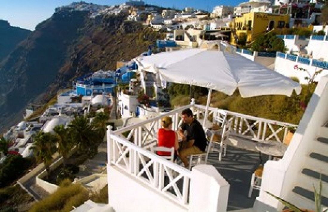 Mountain Cliffs of Fira Santorini Greece Canvas Art - Bill Bachmann DanitaDelimont (34 x 22)