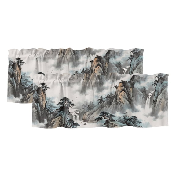 Mountain Cloud 2 Panels Kitchen Valance, Tree Water Ink Painting Chinese Wind Curtains Valances for Small Windows Rod Pocket Window Treatments for Living Room Bedroom 42" W x 12" L