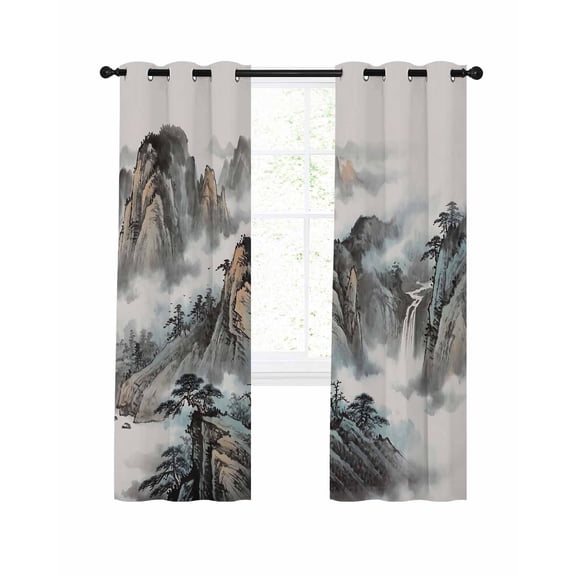 Mountain Cloud Blackout Curtains 63 Inch Length Tree Water Ink Painting Chinese Wind Thermal Insulated Window Curtain Window Drapes 2 Panels for Bedroom Living Room 42"Wx63"L