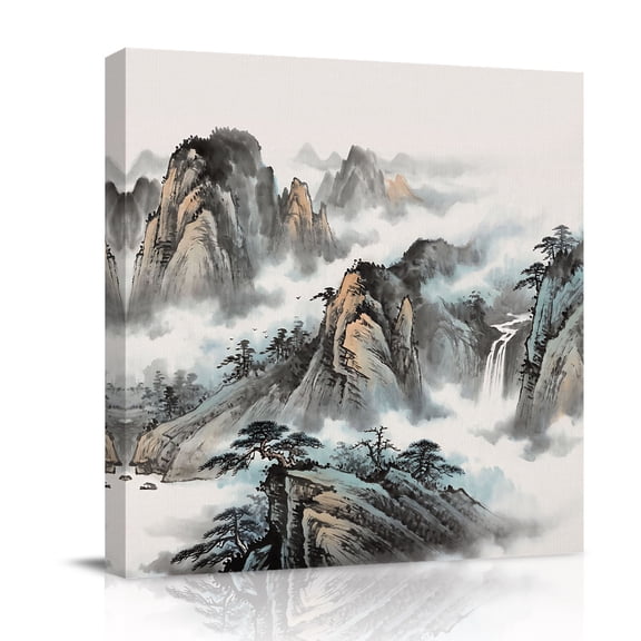 Mountain Cloud Canvas Wall Art for Living Room, Tree Water Ink Painting Chinese Wind Wall Decor Framed Artwork Pictures Ready to Hang for Bedroom Office Home Decor