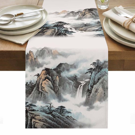 Mountain Cloud Cotton Linen Table Runner Tree Water Ink Painting Chinese Wind Dining Table Runners for Home Decor Party Dining Room Restaurant Kitchen Party 13" x 120"