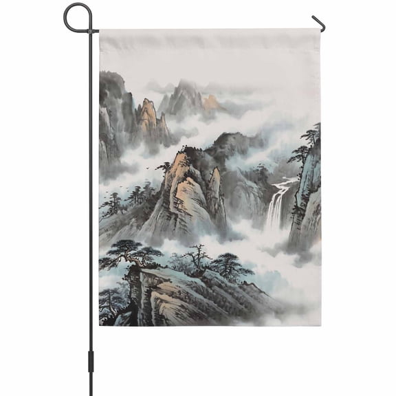 Mountain Cloud Garden Flag 12 x 18 Inches, Tree Water Ink Painting Chinese Wind Weather Proof Outdoor Patio Flags Double Sided Small Garden Decoration for Yard Outside Home