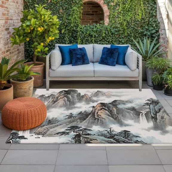 Mountain Cloud Indoor Outdoor Rugs 3x5 Ft, Tree Water Ink Painting Chinese Wind Outdoor Patio Rugs Mat Washable Outside Area Rugs Carpet for Porch Deck RV Camping Pool Balcony Backyard