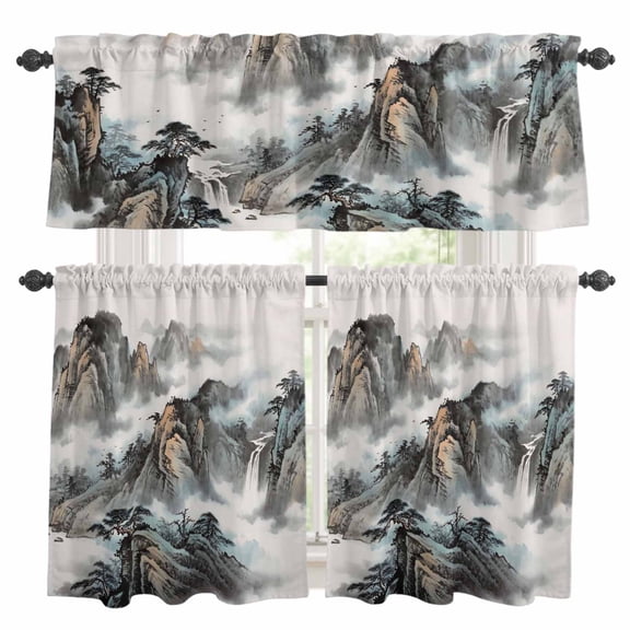 Mountain Cloud Kitchen Curtains Set for Windows, Tree Water Ink Painting Chinese Wind Curtains Valance and Tier 3 Piece Set Small Drapes 24 Inch Length for Kitchen Bedroom Decor