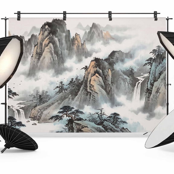 Mountain Cloud Photography Backdrop 7x5FT, Tree Water Ink Painting Chinese Wind Photo Backdrops, Background for Photography Studio Photo Studio Background, Back Drop for Photoshoot