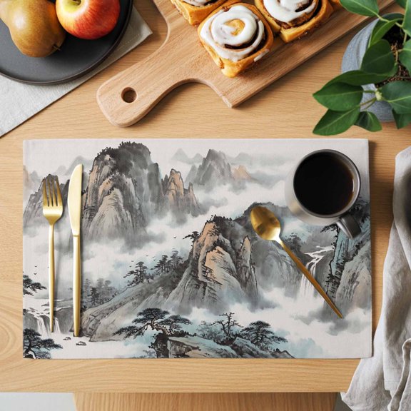 Mountain Cloud Placemats Set of 1, Tree Water Ink Painting Chinese Wind Heat Insulated Linen Place Mats, Washable Stain-Proof Table Mats for Dining Tables Holiday Decor 13x19 Inches