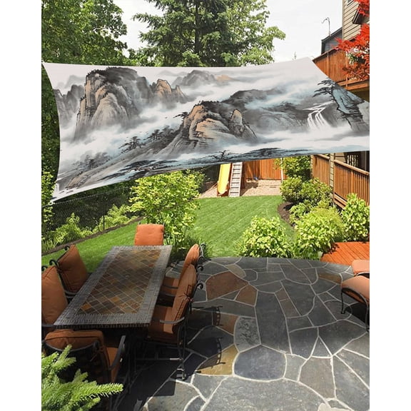Mountain Cloud Sun Shade Sail 12'X16' Tree Water Ink Painting Chinese Wind UV Block Outdoor Sail Shades Breathable Waterproof Rectangular Sunshade for Patio Garden Pool Pergola Porch