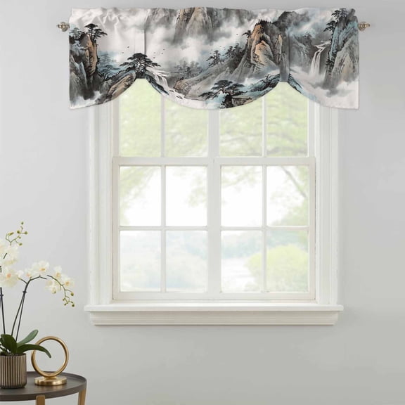 Mountain Cloud Tie Up Valances Curtain, Tree Water Ink Painting Chinese Wind Adjustable Valance for Window Light Filtering for Kitchen and Bathroom Rod Pocket 1 Panel 42x12in