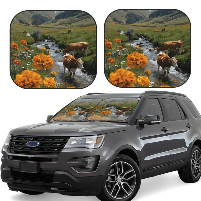 Mountain Cows Flower Stream Car Windshield Sun Shade, 2Piece Foldable