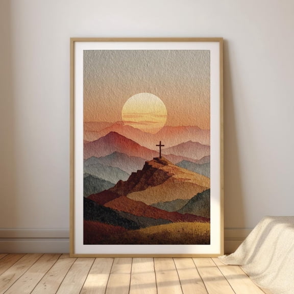 Mountain Cross At Sunset, Christian Watercolor Style Landscape, Faith Wall Art UNFRAMED PAPER POSTER, Home Decor, Vintage Gift, Living Room Dercor