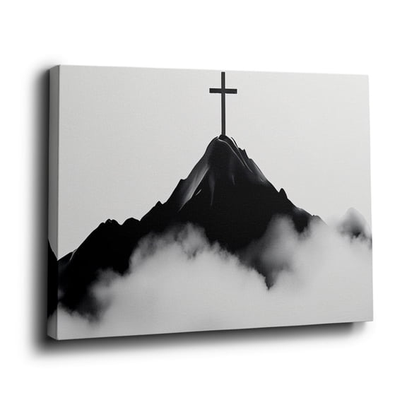 Mountain Cross Canvas Wall Art (Minimalist Faith Tone) Ready to Hang for Bedroom