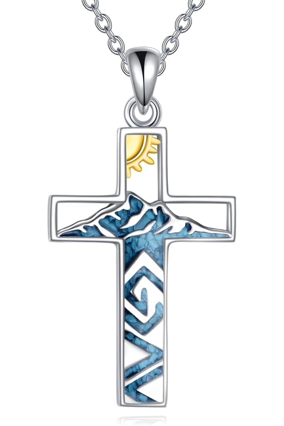 Mountain Cross Necklace 925 Sterling Silver Turquoise Mountains Necklace Faith Cross Pendant Necklace Christian Jewelry Gifts For Women