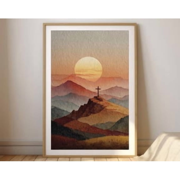 Mountain Cross Sunset Christian Landscape Poster, Poster Home Decor , Poster Print Only